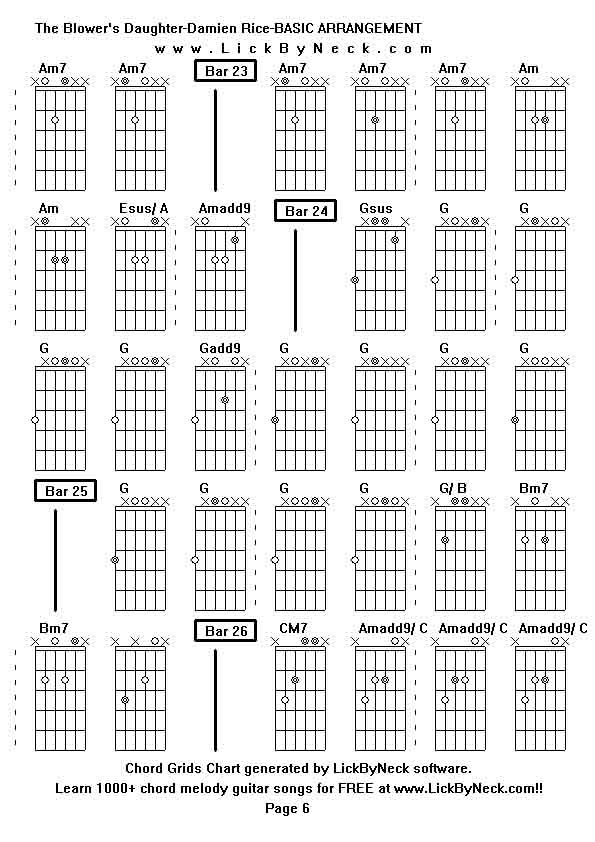 Chord Grids Chart of chord melody fingerstyle guitar song-The Blower's Daughter-Damien Rice-BASIC ARRANGEMENT,generated by LickByNeck software.